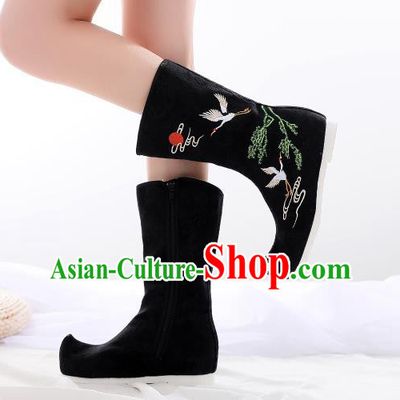 Traditional Chinese Kung Fu Black Boots Opera Shoes Hanfu Shoes Embroidered Crane Boots for Women