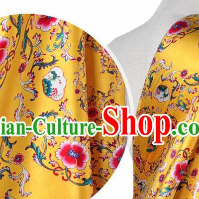 Chinese Classical Twine Flowers Pattern Design Yellow Silk Fabric Asian Traditional Hanfu Mulberry Silk Material