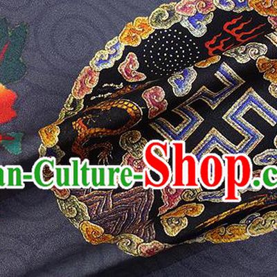 Chinese Classical Dragon Peony Pattern Design Navy Silk Fabric Asian Traditional Hanfu Mulberry Silk Material