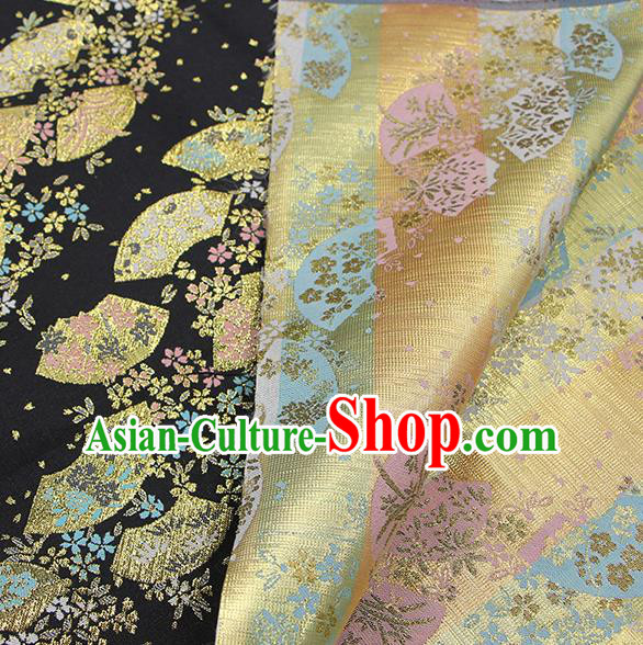 Asian Japanese Traditional Sakura Fan Pattern Design Black Brocade Fabric Tapestry Satin Asian Japanese Traditional Sakura Fan Pattern Design Black Brocade Fabric Tapestry Satin