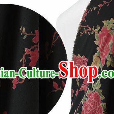 Chinese Classical Peony Magnolia Pattern Design Black Silk Fabric Asian Traditional Hanfu Mulberry Silk Material