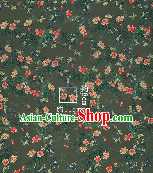 Chinese Classical Roses Pattern Design Atrovirens Silk Fabric Asian Traditional Hanfu Mulberry Silk Material Chinese Classical Roses Pattern Design Atrovirens Silk Fabric Asian Traditional Hanfu Mulberry Silk Material