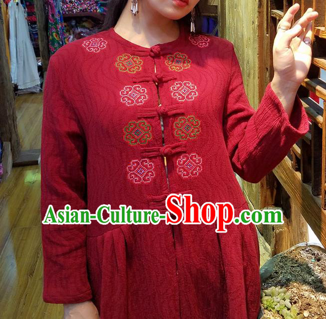 Traditional Chinese Embroidered Red Flax Dust Coat Handmade National Overcoat Costume for Women Traditional Chinese Embroidered Red Flax Dust Coat Handmade National Overcoat Costume for Women