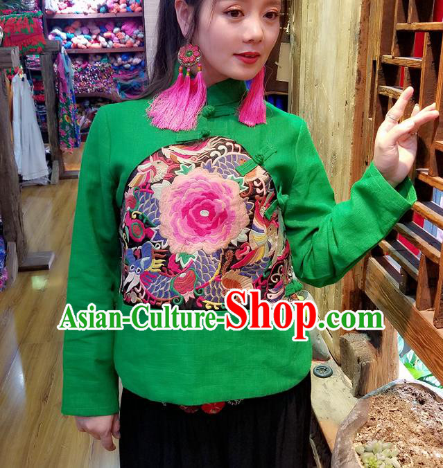 Traditional Chinese Embroidered Peony Green Shirt National Cheongsam Blouse Costume for Women Traditional Chinese Embroidered Peony Green Shirt National Cheongsam Blouse Costume for Women