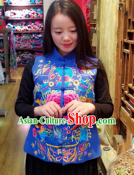 Traditional Chinese Embroidered Dragon Peony Blue Vest National Waistcoat Costume for Women Traditional Chinese Embroidered Dragon Peony Blue Vest National Waistcoat Costume for Women