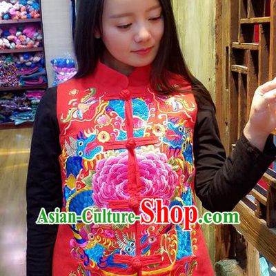 Traditional Chinese Embroidered Dragon Peony Red Vest National Waistcoat Costume for Women