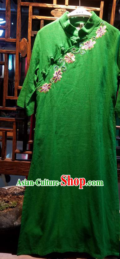 Traditional Chinese Embroidered Green Flax Dress National Cheongsam Costume for Women Traditional Chinese Embroidered Green Flax Dress National Cheongsam Costume for Women