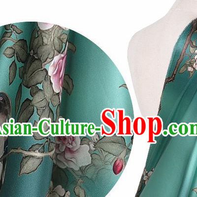 Chinese Classical Peach Blossom Pattern Design Green Silk Fabric Asian Traditional Hanfu Mulberry Silk Material