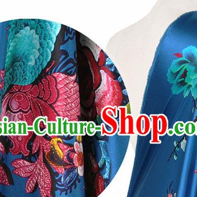 Chinese Classical Peacock Peony Pattern Design Royalblue Silk Fabric Asian Traditional Hanfu Mulberry Silk Material