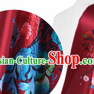 Chinese Classical Peacock Peony Pattern Design Red Silk Fabric Asian Traditional Hanfu Mulberry Silk Material