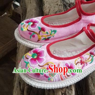 Traditional Chinese Ethnic Embroidered Flower Pink Satin Shoes National Shoes Hanfu Shoes for Women