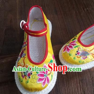 Traditional Chinese Ethnic Embroidered Flower Yellow Satin Shoes National Shoes Hanfu Shoes for Women