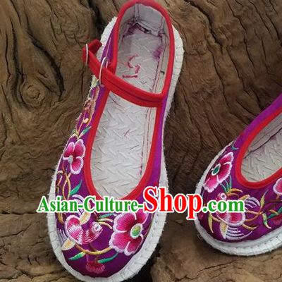Traditional Chinese Ethnic Embroidered Flower Purple Satin Shoes National Shoes Hanfu Shoes for Women