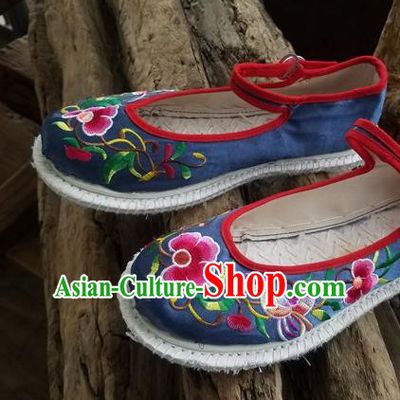Traditional Chinese Ethnic Embroidered Flower Navy Satin Shoes National Shoes Hanfu Shoes for Women