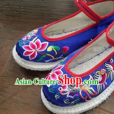 Traditional Chinese Ethnic Embroidered Flower Royalblue Satin Shoes National Shoes Hanfu Shoes for Women
