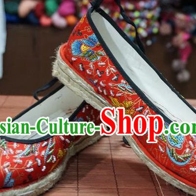 Traditional Chinese Ethnic Red Embroidered Beads Shoes Handmade Yunnan National Shoes Wedding Shoes for Women