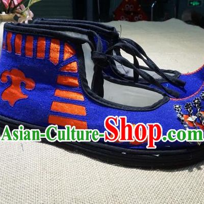 Traditional Chinese Ethnic Miao Silver Blue Embroidered Shoes Handmade Yunnan National Shoes Wedding Shoes for Women