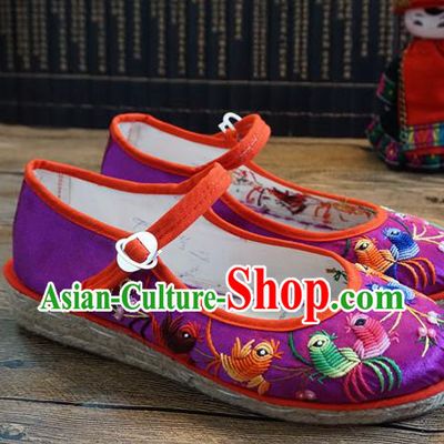 Traditional Chinese Ethnic Embroidered Magpie Purple Shoes Handmade Yunnan National Shoes Wedding Shoes for Women