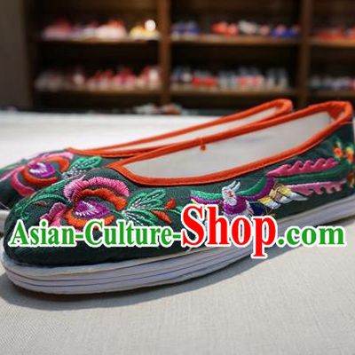 Traditional Chinese Ethnic Embroidered Phoenix Green Shoes Handmade Yunnan National Shoes Wedding Shoes for Women