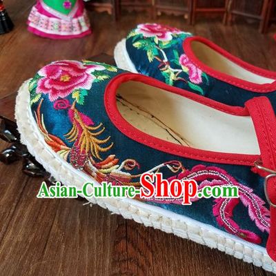 Traditional Chinese National Embroidered Phoenix Peony Peacock Blue Shoes Ethnic Shoes Hanfu Shoes for Women