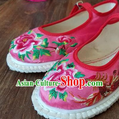 Traditional Chinese National Embroidered Phoenix Peony Pink Shoes Ethnic Shoes Hanfu Shoes for Women