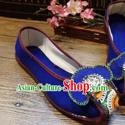 Traditional Chinese Handmade Ethnic Blue Shoes Yunnan National Carving Silver Shoes Embroidered Shoes for Women