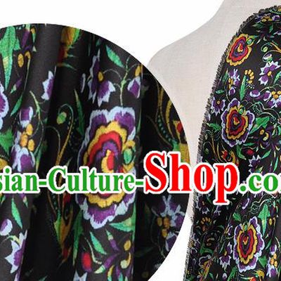 Chinese Classical Phoenix Flowers Pattern Design Black Silk Fabric Asian Traditional Hanfu Mulberry Silk Material
