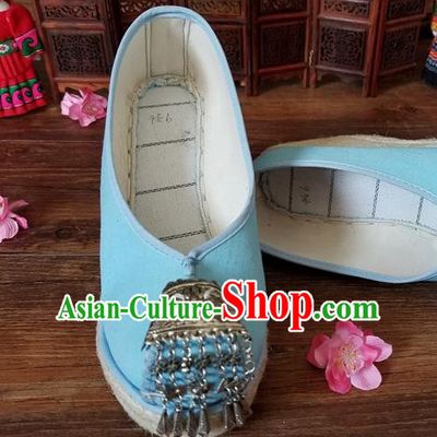 Traditional Chinese Handmade Ethnic Bride Light Blue Shoes Yunnan National Silver Tassel Shoes Wedding Shoes for Women