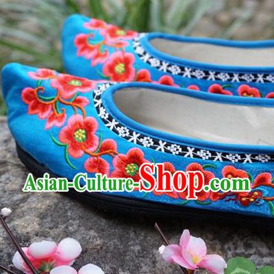 Traditional Chinese Wedding Embroidered Plum Blue Shoes National Ethnic Shoes Hanfu Shoes for Women