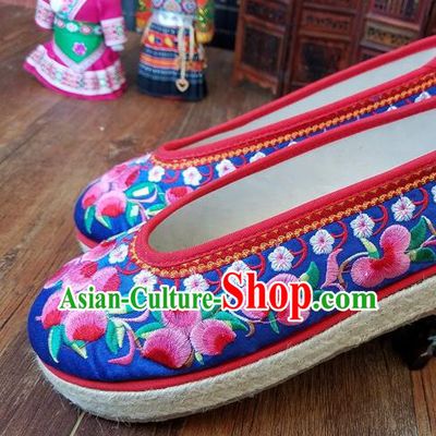 Traditional Chinese National Embroidered Blue Satin Shoes Ethnic Shoes Hanfu Shoes for Women
