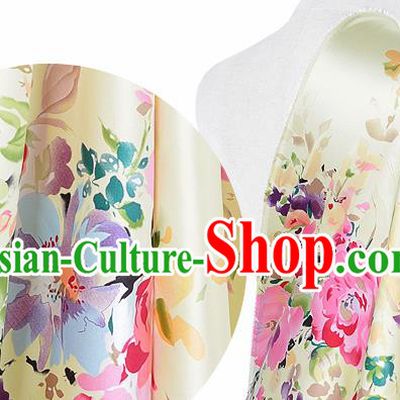 Chinese Classical Flowers Pattern Design Light Yellow Silk Fabric Asian Traditional Hanfu Mulberry Silk Material