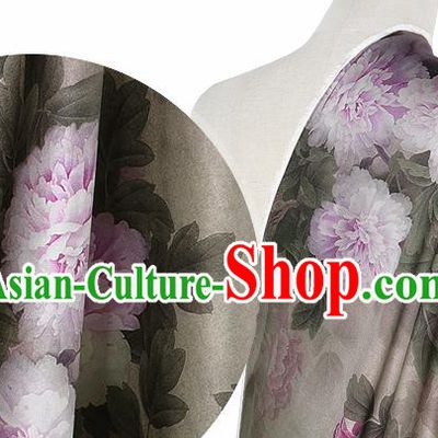 Chinese Classical Peony Flowers Pattern Design Grey Silk Fabric Asian Traditional Hanfu Mulberry Silk Material