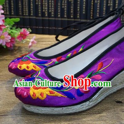 Traditional Chinese Embroidered Butterfly Purple Wedge Shoes National Wedding Shoes Hanfu Shoes for Women