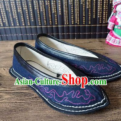 Traditional Chinese Ethnic Navy Cloth Shoes Handmade Yunnan National Shoes Hanfu Dress for Women