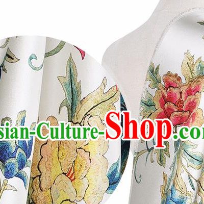 Chinese Classical Peony Pattern Design White Silk Fabric Asian Traditional Hanfu Mulberry Silk Material