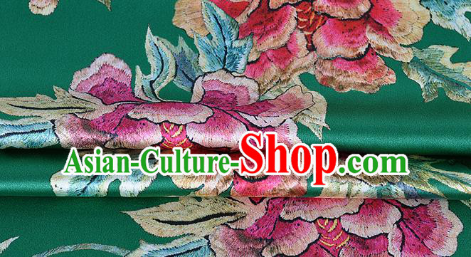 Chinese Classical Peony Pattern Design Green Silk Fabric Asian Traditional Hanfu Mulberry Silk Material