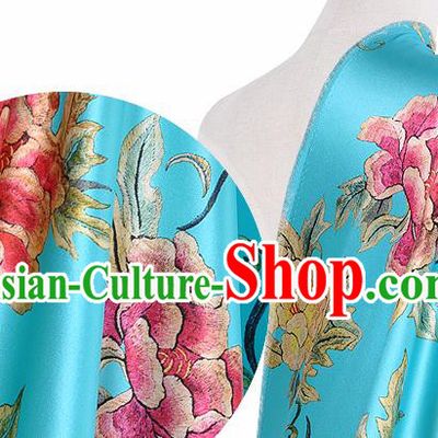Chinese Classical Peony Pattern Design Blue Silk Fabric Asian Traditional Hanfu Mulberry Silk Material