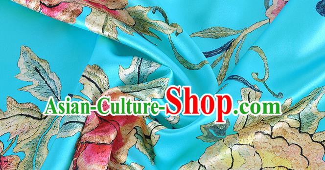Chinese Classical Peony Pattern Design Blue Silk Fabric Asian Traditional Hanfu Mulberry Silk Material Chinese Classical Peony Pattern Design Blue Silk Fabric Asian Traditional Hanfu Mulberry Silk Material