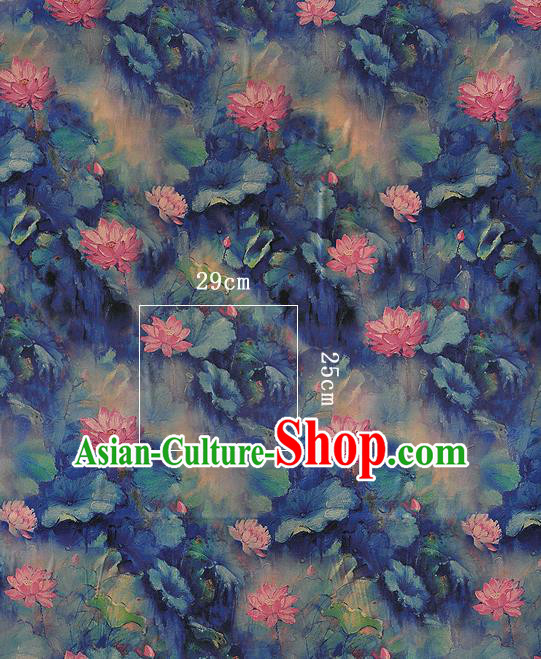 Chinese Classical Lotus Pattern Design Navy Silk Fabric Asian Traditional Hanfu Mulberry Silk Material Chinese Classical Lotus Pattern Design Navy Silk Fabric Asian Traditional Hanfu Mulberry Silk Material