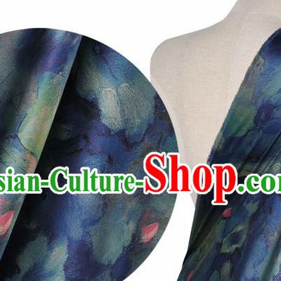 Chinese Classical Lotus Pattern Design Navy Silk Fabric Asian Traditional Hanfu Mulberry Silk Material