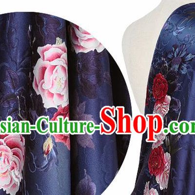 Chinese Classical Cloud Peony Pattern Design Navy Silk Fabric Asian Traditional Hanfu Mulberry Silk Material