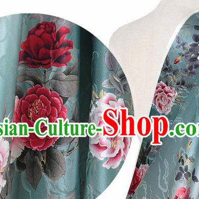 Chinese Classical Cloud Peony Pattern Design Green Silk Fabric Asian Traditional Hanfu Mulberry Silk Material
