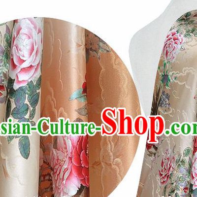 Chinese Classical Cloud Peony Pattern Design Beige Silk Fabric Asian Traditional Hanfu Mulberry Silk Material