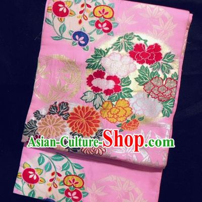 Japanese Traditional Kimono Embroidered Peony Pink Brocade Waistband Japan Yukata Belt for Women