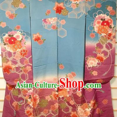 Japanese Traditional Printing Chrysanthemum Blue Furisode Kimono Japan Yukata Dress Costume for Women