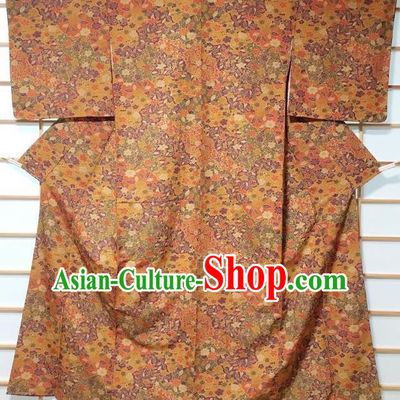 Japanese Traditional Printing Flowers Ginger Furisode Kimono Japan Yukata Dress Costume for Women