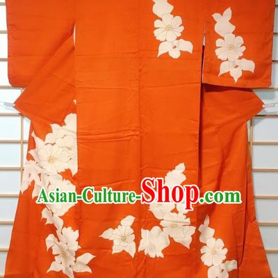 Japanese Traditional Printing Camellia Orange Furisode Kimono Japan Iromuji Yukata Dress Costume for Women