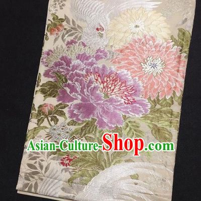Japanese Traditional Phoenix Peony Pattern Beige Brocade Waistband Japan Kimono Yukata Belt for Women