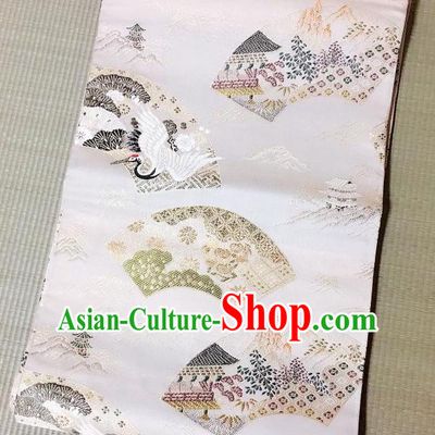 Japanese Traditional Crane Pattern White Brocade Waistband Japan Kimono Yukata Belt for Women