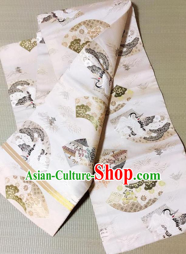 Japanese Traditional Crane Pattern White Brocade Waistband Japan Kimono Yukata Belt for Women Japanese Traditional Crane Pattern White Brocade Waistband Japan Kimono Yukata Belt for Women